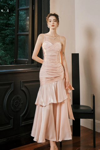 Sweet Pink Sweetheart Straps Mermaid Evening Dress Satin Long Prom Dress Y8092