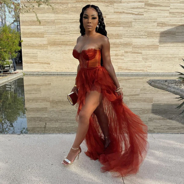 Sleeveless Lace Tulle Ruffle High Slit Plus Size Evening Dress Y42 Hover Image