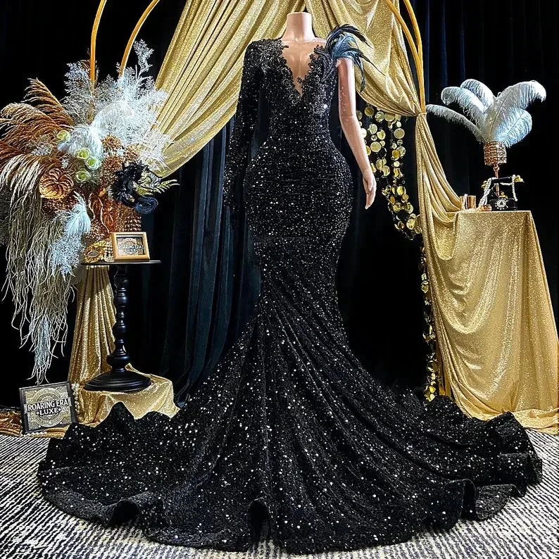 Black Sequins Rhinestone Applique Long Sleeve Mermaid Prom Dress Evening Dress Y8313 by simplepromdress