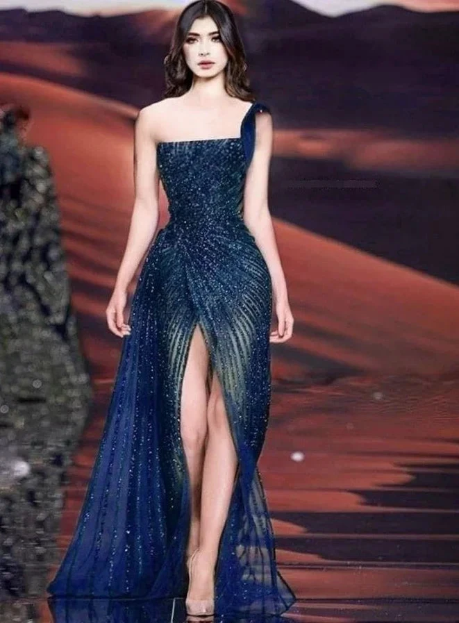Navy Blue One Shoulder Tulle Sequins Evening Dress Long Slit Prom Dress Y8356 by simplepromdress