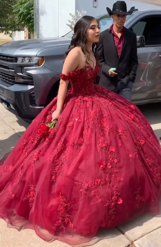 Red Ball Gown Quinceanera Dresses 3D Flowers 16 Birthday Princess Dress Y6469 Hover Image