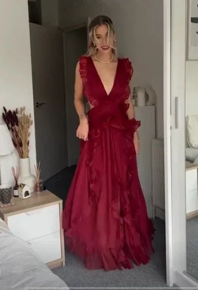 Beautiful Burgundy Chiffon Ruffles Evening Dress Slit Prom Dress Y7715 by simplepromdress