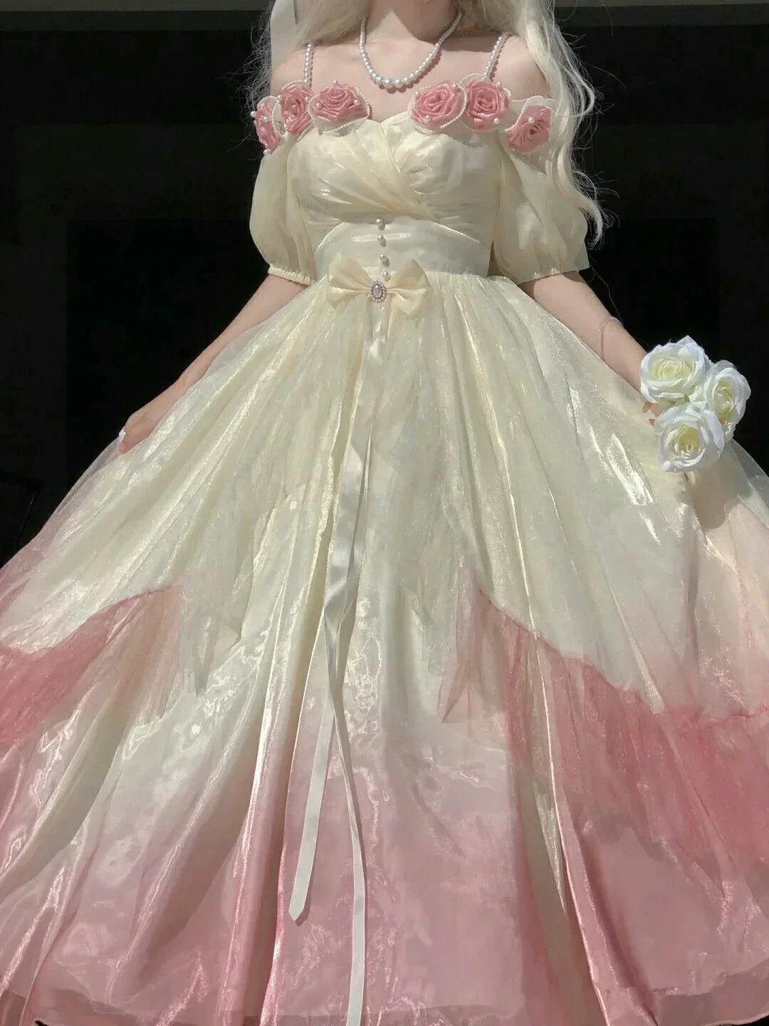 Roses Flowers Masquerade Prom Dress Champagne Pink Gradient Floral Wedding Dress Vintage Princess Dress with Pearls Y2401 by simplepromdress