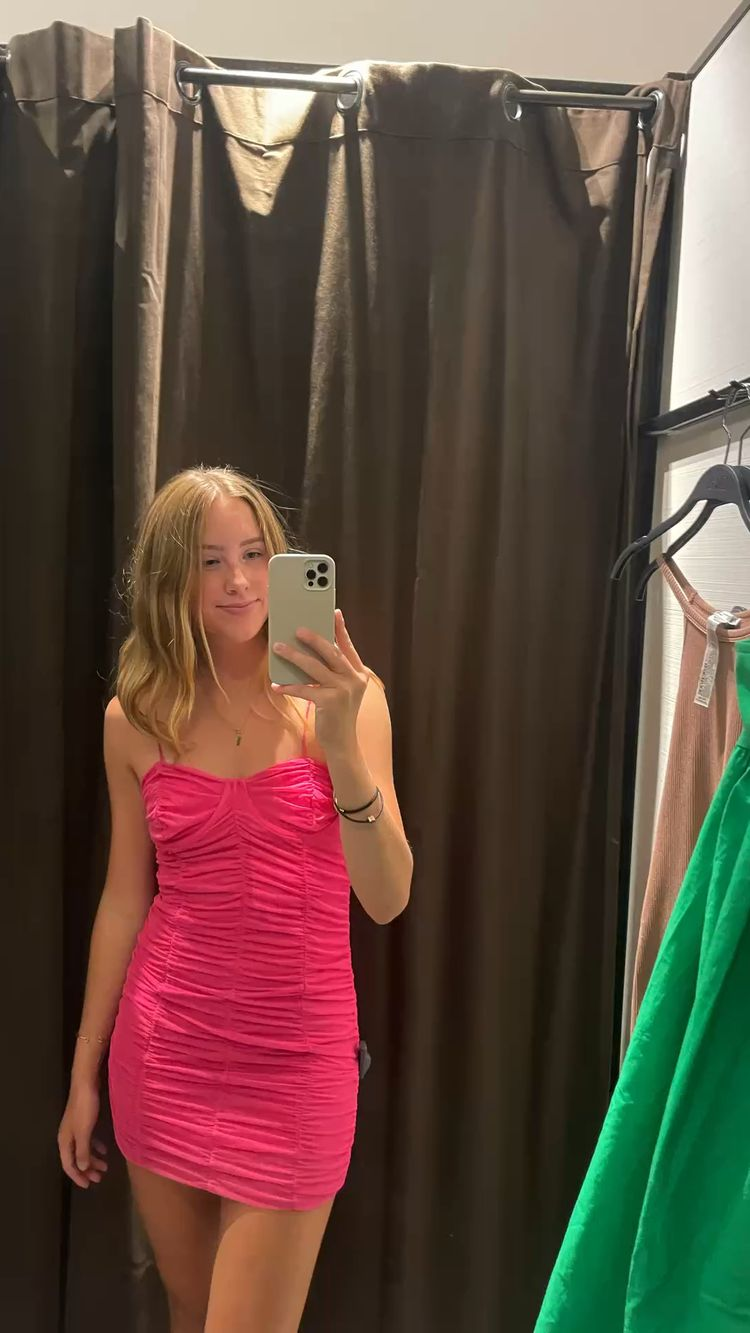 Spaghetti Straps Hot Pink Homecoming Dress Hot Pink Dress Y2272