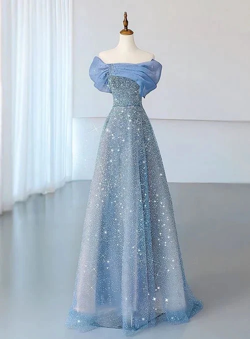 Blue Tulle Sequins Evening Dress Off The Shoulder Pleats A Line Prom Dress Y8041 by simplepromdress