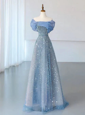 Blue Tulle Sequins Evening Dress Off The Shoulder Pleats A Line Prom Dress Y8041 by simplepromdress