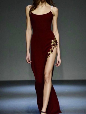 Vestido de noche vintage burdeos con apliques de sirena y abertura lateral, vestido de fiesta Y7724