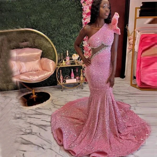 Pink Beaded Sequins Evening Dress One Shoulder Mermaid Prom Dress Y6681 by simplepromdress
