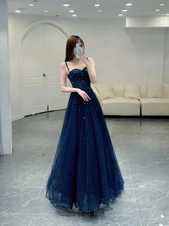 Elegant A line Straps Tulle Navy Blue Prom Dresses Formal Evening Dress Y6776 by simplepromdress