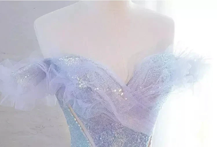 Sparkly off-shoulder lavender dress with tulle details on mannequin, ZAPDRESS fashion