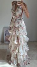 Glamorous Chiffon Print Floral A Line Backless Prom Dress V Neck Halter Layered Evening Dress Y8501 by simplepromdress