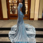 Gorgeous Blue Satin Beaded Appliques Formal Prom Dress Sexy Backless Mermaid Evening Dress Y7949 by simplepromdress