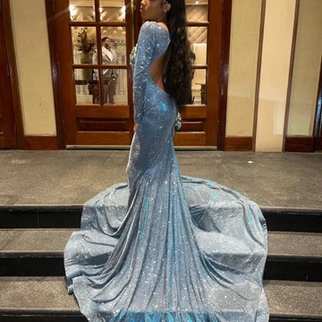 Gorgeous Blue Satin Beaded Appliques Formal Prom Dress Sexy Backless Mermaid Evening Dress Y7949 by simplepromdress