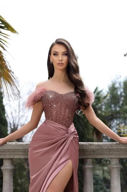 Unique Pink Off The Shoulder Mermaid Stain Prom Dress with Beadings by misshow.com
