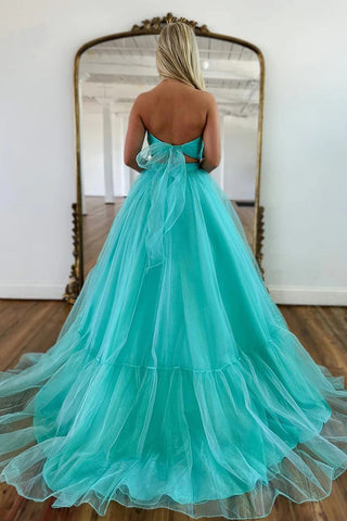 Vestido largo formal de tul verde menta con hombros descubiertos y corte A PSK452