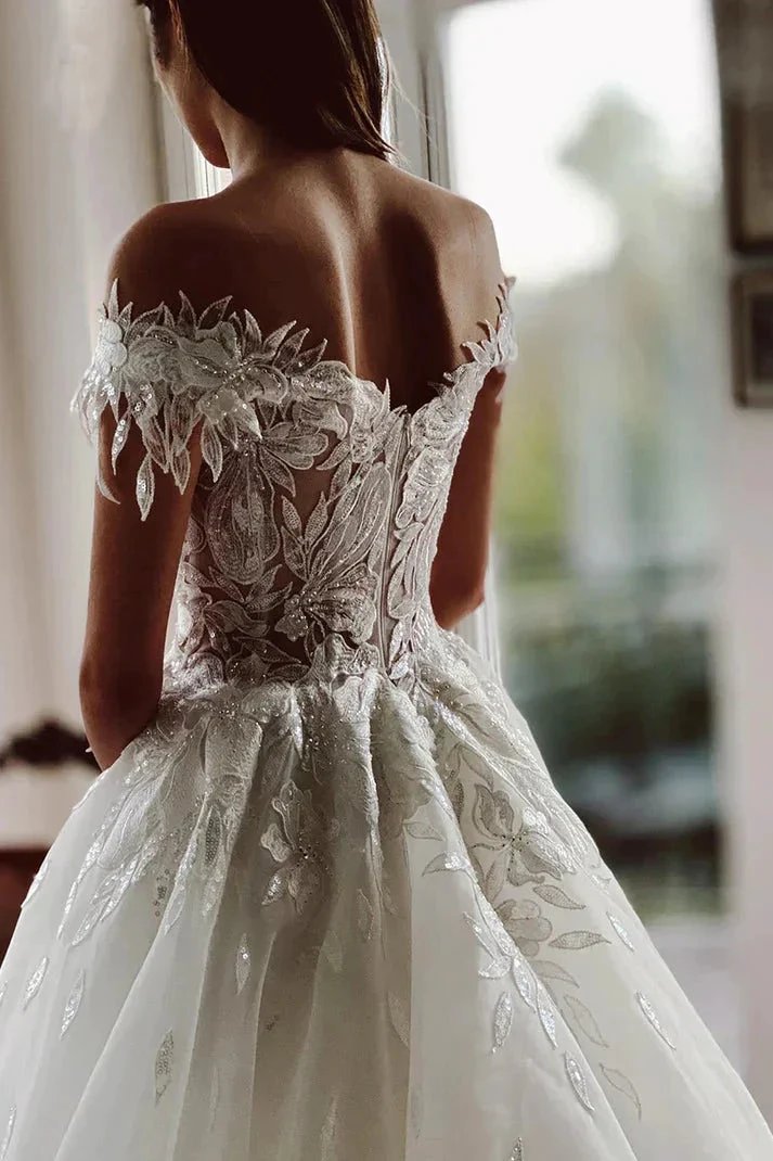 Unique Off The Shoulder Appliques Rustic Lace Wedding Dress WD683 by pgmdress
