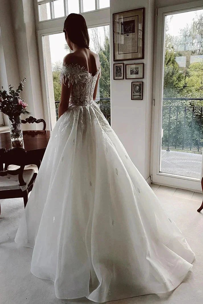 Unique Off The Shoulder Appliques Rustic Lace Wedding Dress WD683 by pgmdress