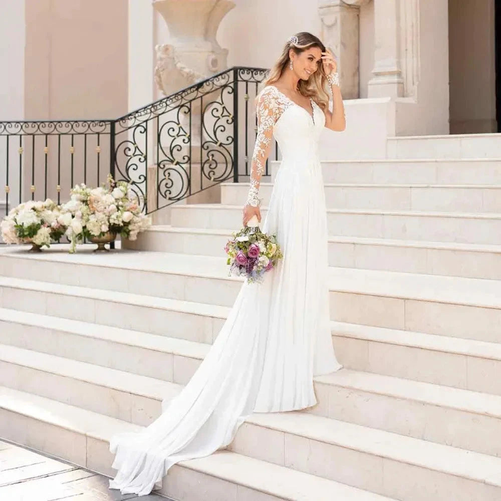 V Neck Long Sleeves Wedding Dresses Open Back White Lace Applique Bridal Dress For Wedding Party Country Vestido De Novia A-line by payinti