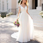 V Neck Long Sleeves Wedding Dresses Open Back White Lace Applique Bridal Dress For Wedding Party Country Vestido De Novia A-line by payinti