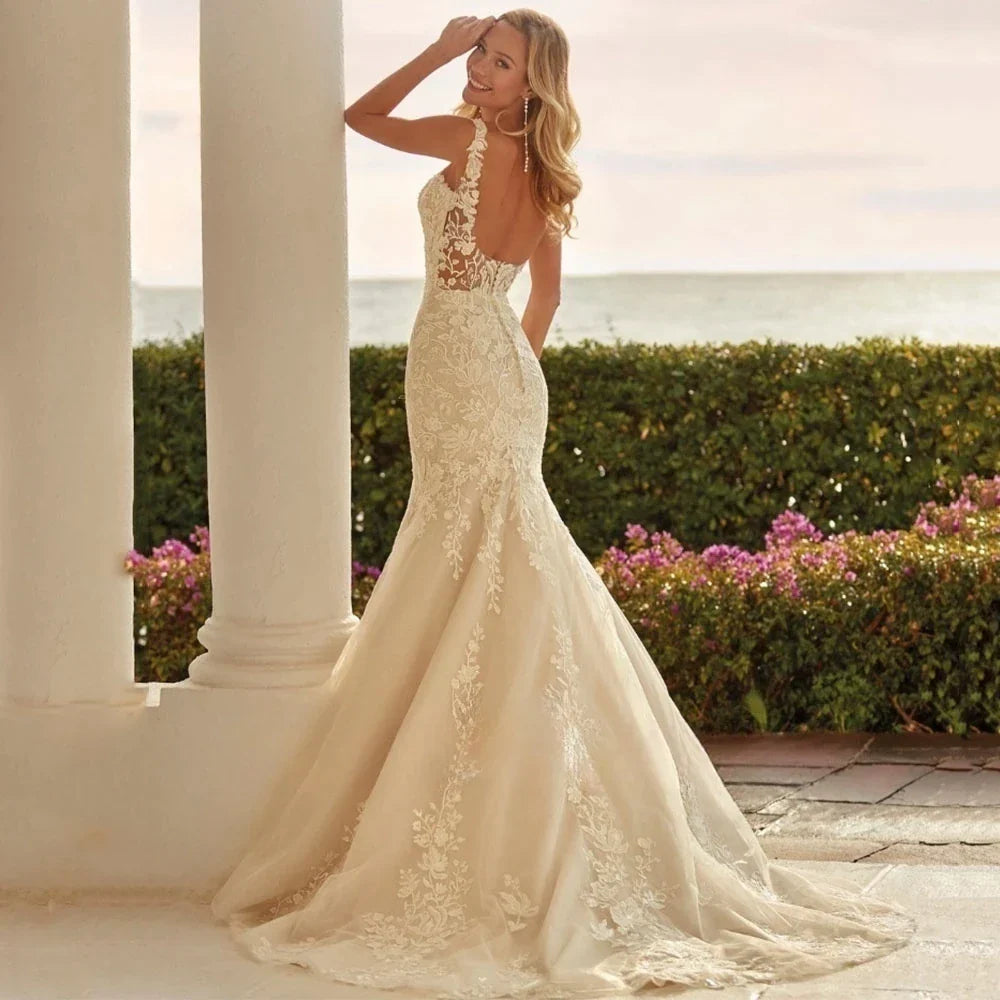 V-Neck Mermaid Wedding Dresses Sleeveless Sexy Backless Vestidos De Novia Applqiues Vestido De Noiva