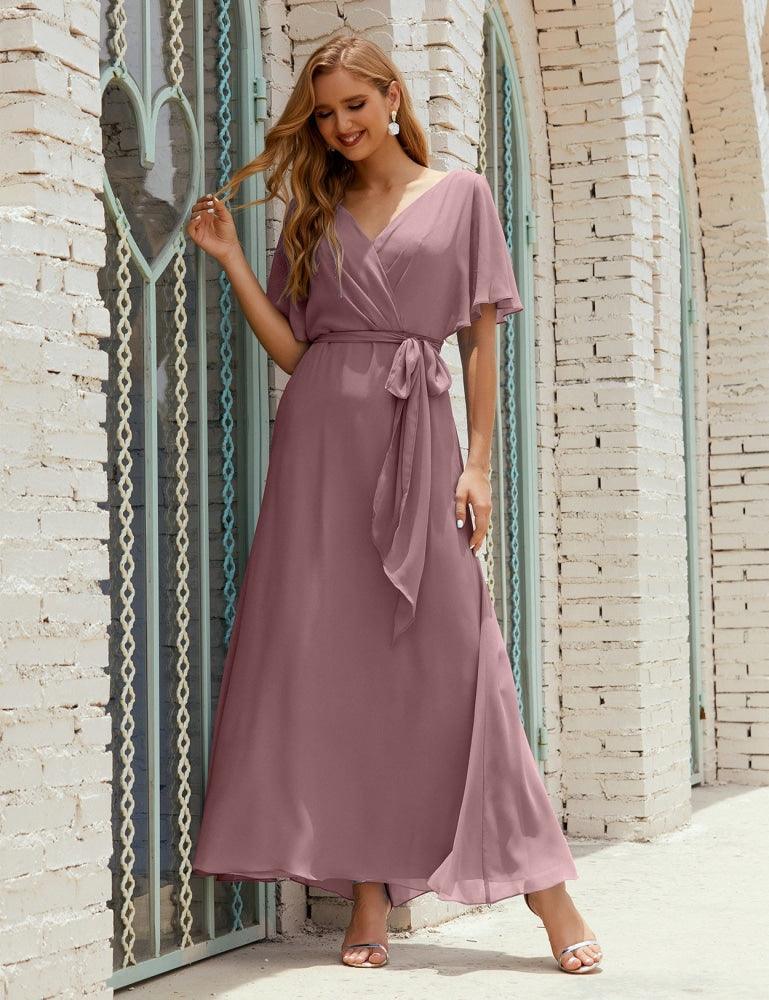 Numbersea V-Neck Bridesmaid Dress Long Formal Dresses with Belt for 28022