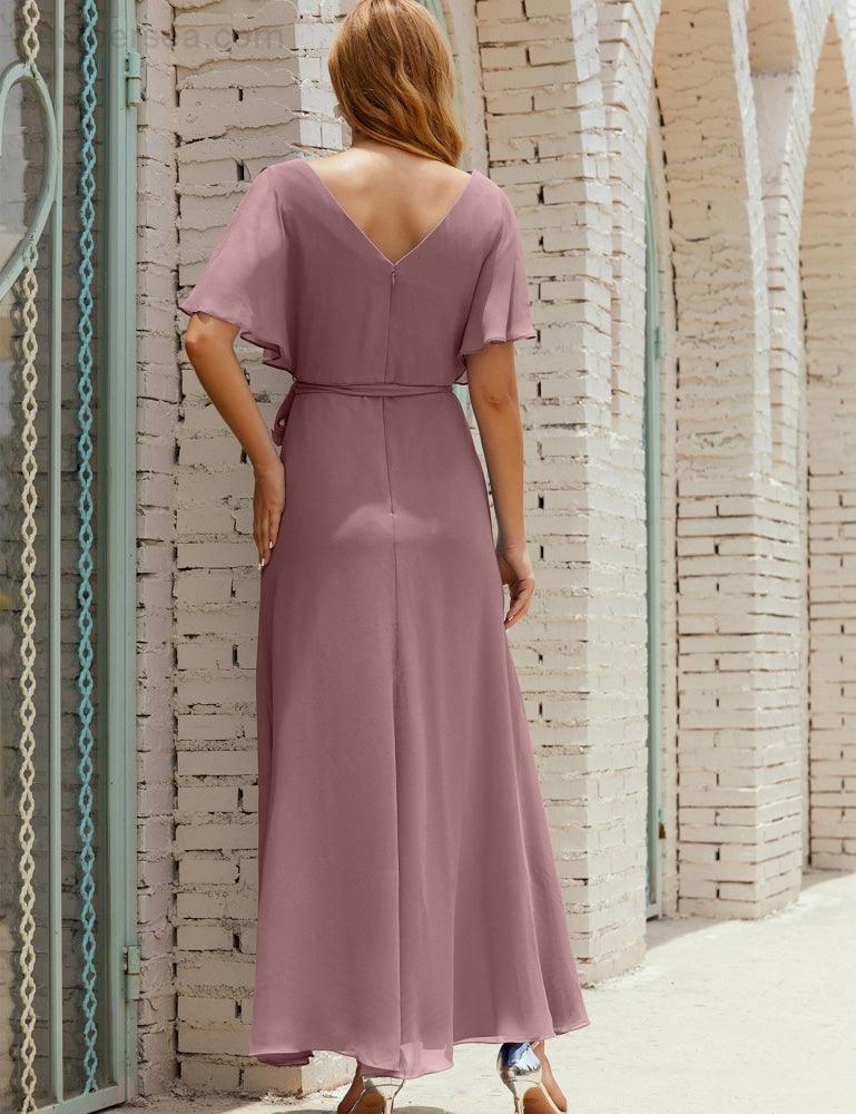 Numbersea V-Neck Bridesmaid Dress Long Formal Dresses with Belt for 28022