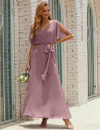 Numbersea V-Neck Bridesmaid Dress Long Formal Dresses with Belt for 28022
