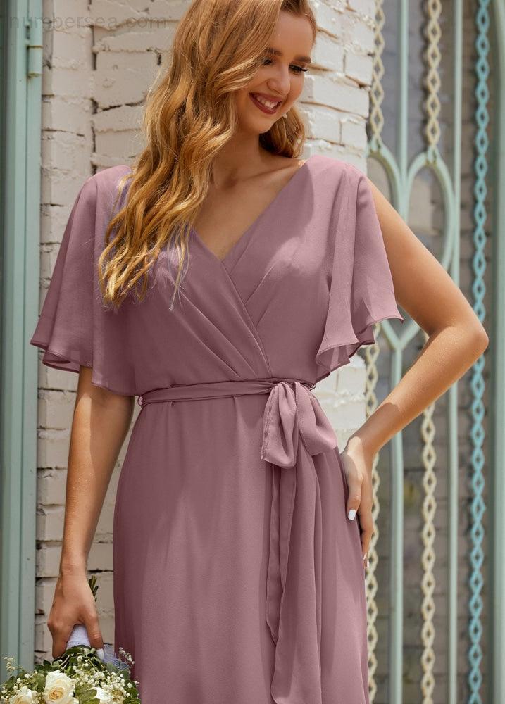 Numbersea V-Neck Bridesmaid Dress Long Formal Dresses with Belt for 28022