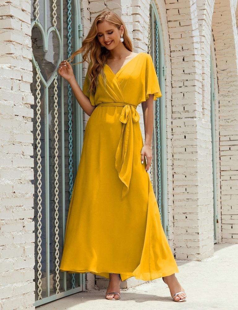 Numbersea V-Neck Bridesmaid Dress Long Formal Dresses with Belt for 28022