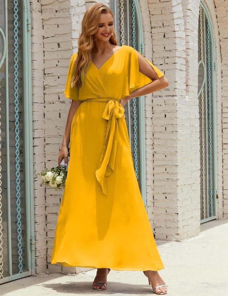 Numbersea V-Neck Bridesmaid Dress Long Formal Dresses with Belt for 28022