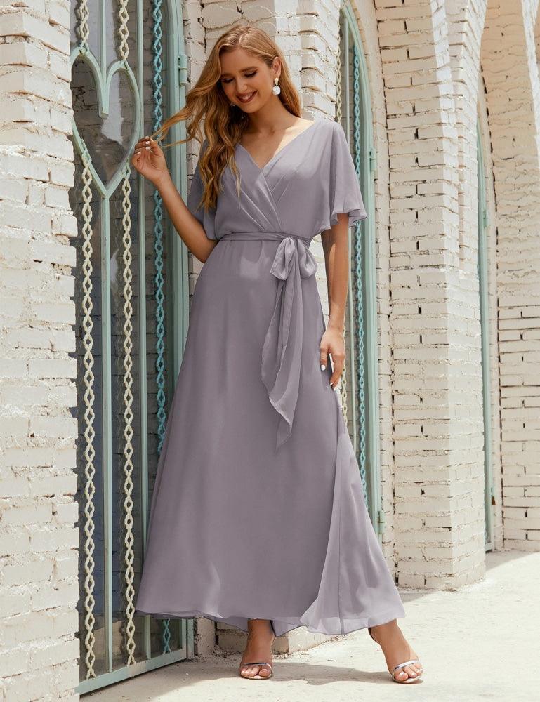 Numbersea V-Neck Bridesmaid Dress Long Formal Dresses with Belt for 28022