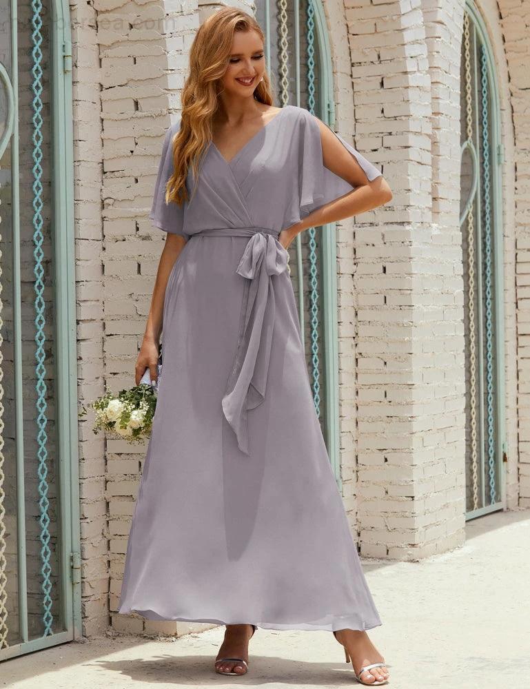 Numbersea V-Neck Bridesmaid Dress Long Formal Dresses with Belt for 28022