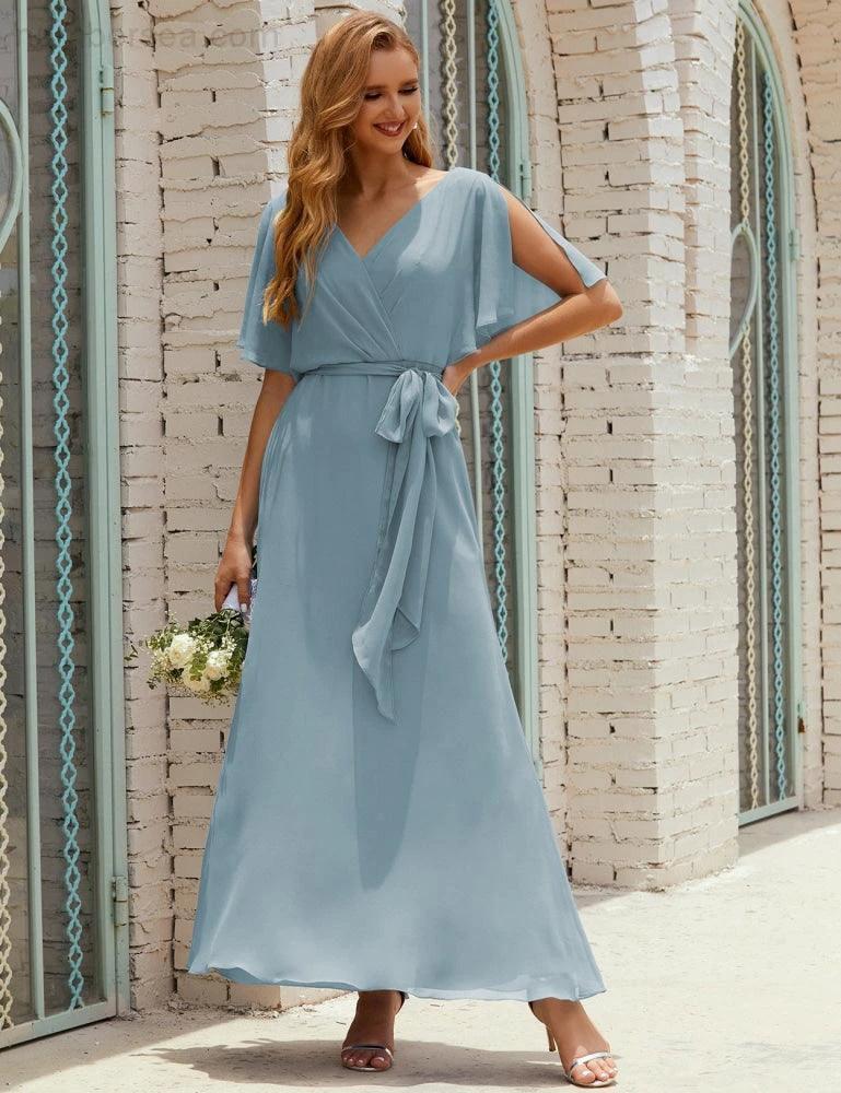 Numbersea V-Neck Bridesmaid Dress Long Formal Dresses with Belt for 28022