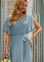 Numbersea V-Neck Bridesmaid Dress Long Formal Dresses with Belt for 28022