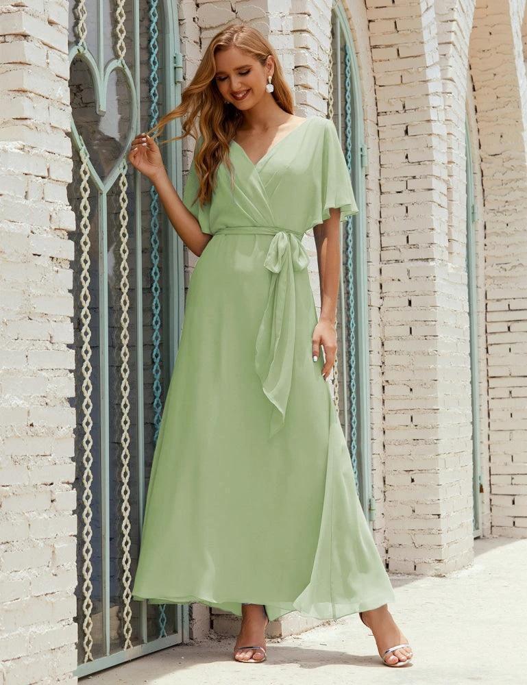 Numbersea V-Neck Bridesmaid Dress Long Formal Dresses with Belt for 28022