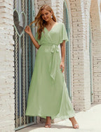 Numbersea V-Neck Bridesmaid Dress Long Formal Dresses with Belt for 28022