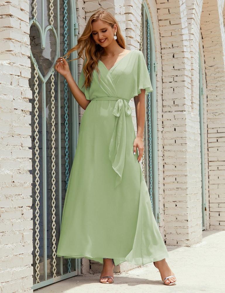 Numbersea V-Neck Bridesmaid Dress Long Formal Dresses with Belt for 28022