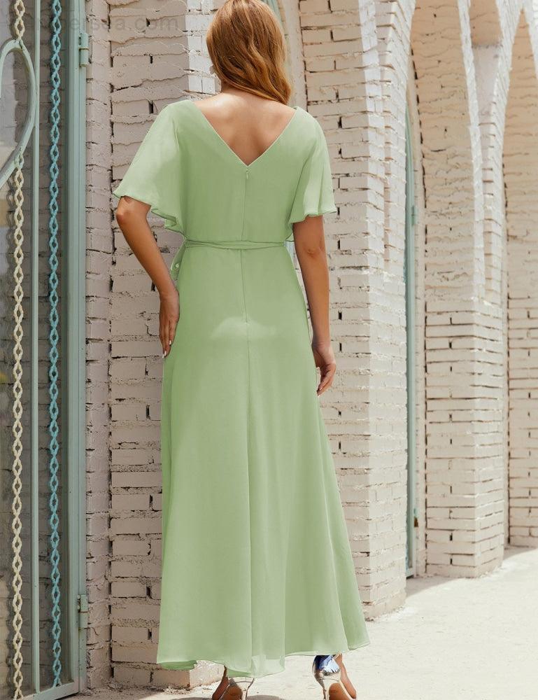 Numbersea V-Neck Bridesmaid Dress Long Formal Dresses with Belt for 28022