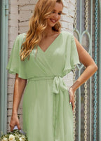 Numbersea V-Neck Bridesmaid Dress Long Formal Dresses with Belt for 28022