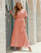 Numbersea V-Neck Bridesmaid Dress Long Formal Dresses with Belt for 28022