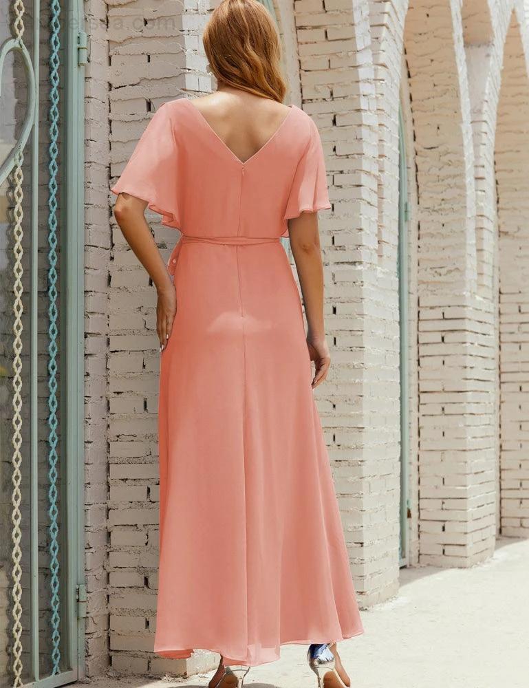 Numbersea V-Neck Bridesmaid Dress Long Formal Dresses with Belt for 28022