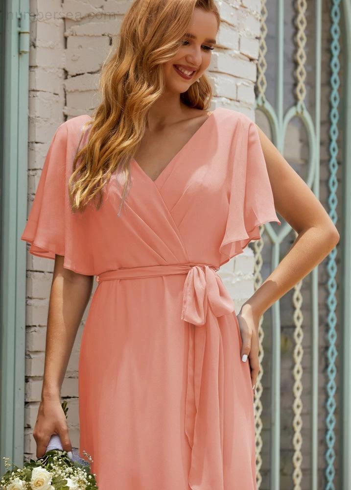 Numbersea V-Neck Bridesmaid Dress Long Formal Dresses with Belt for 28022