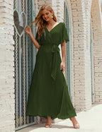 Numbersea V-Neck Bridesmaid Dress Long Formal Dresses with Belt for 28022