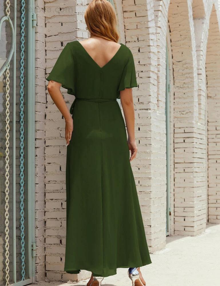 Numbersea V-Neck Bridesmaid Dress Long Formal Dresses with Belt for 28022