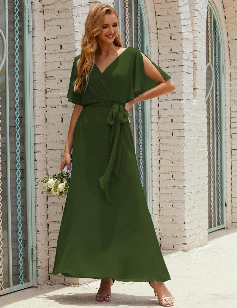 Numbersea V-Neck Bridesmaid Dress Long Formal Dresses with Belt for 28022