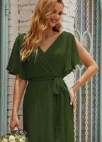 Numbersea V-Neck Bridesmaid Dress Long Formal Dresses with Belt for 28022