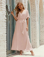 Numbersea V-Neck Bridesmaid Dress Long Formal Dresses with Belt for 28022