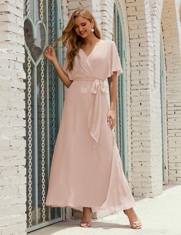 Numbersea V-Neck Bridesmaid Dress Long Formal Dresses with Belt for 28022