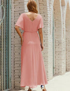 Numbersea V-Neck Bridesmaid Dress Long Formal Dresses with Belt for 28022