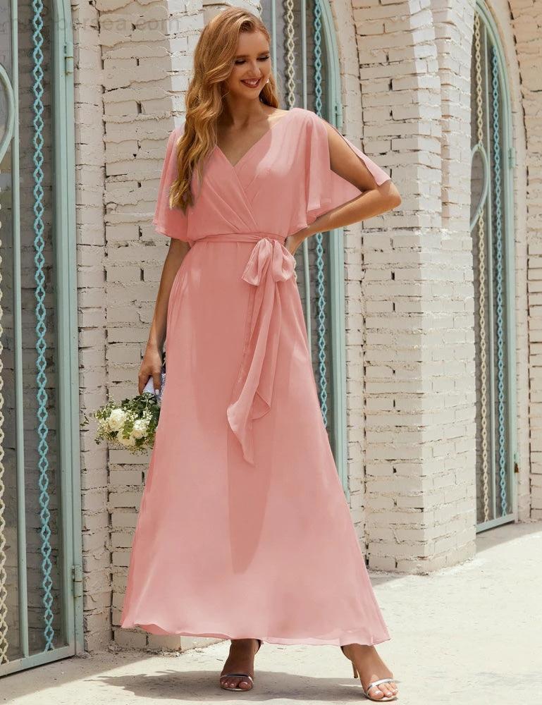 Numbersea V-Neck Bridesmaid Dress Long Formal Dresses with Belt for 28022